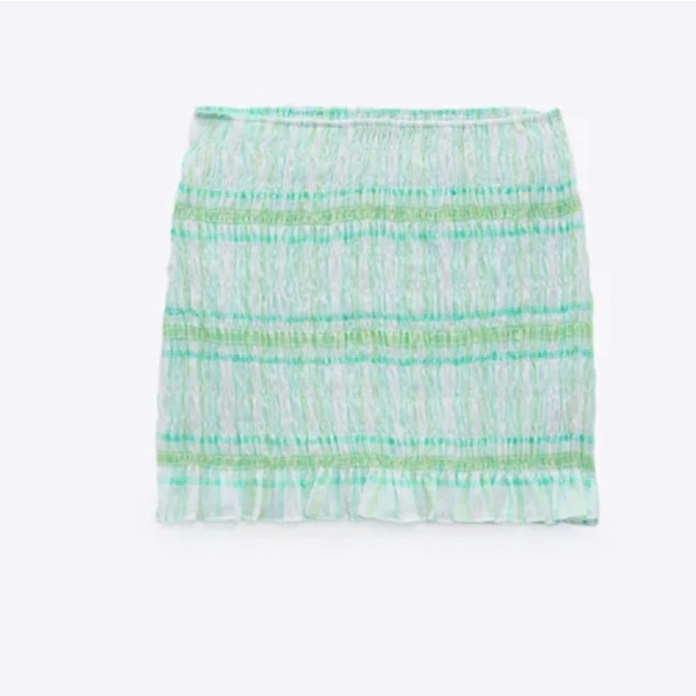 NWT Zara printed plaid stretchy skirt ecru / green